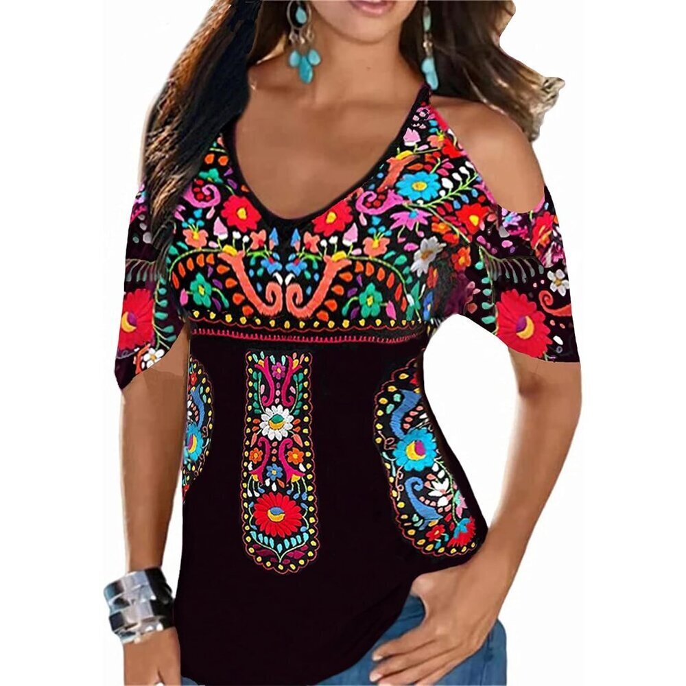 Women Embroidered Cold Shoulder Top Short Sleeve Boho Mexican Blouse
